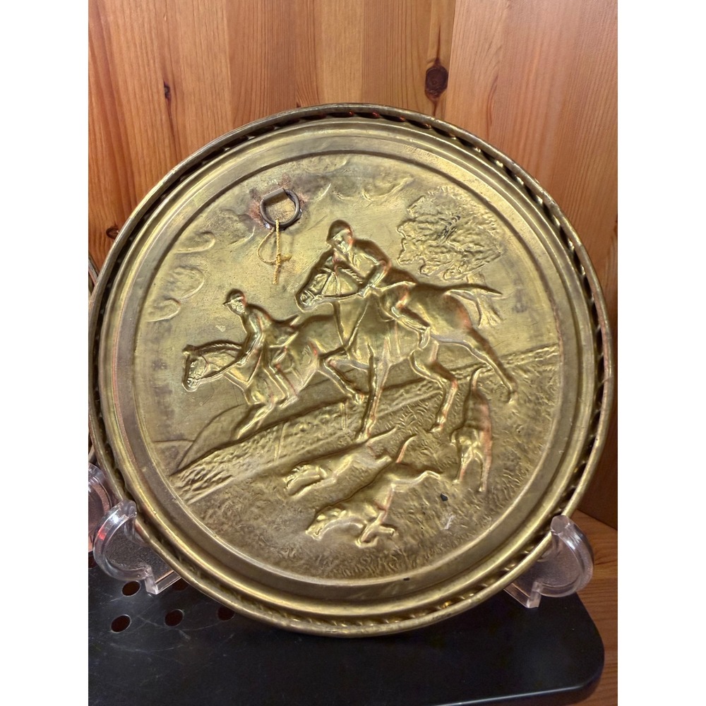 Vintage English Brass Fox Hunting Wall Plaques 8" Set of 2 Made in England - Picture 6 of 8